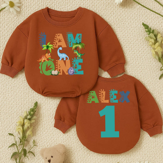 Alex's 1st Birthday Dinosaur Romper Cute Dino Scale Pattern "I Am One" Outfit for Baby Boys