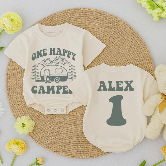 Personalized One Happy Camper Baby Bubble Romper for 1st Birthday Camping Outfit Boy Girl Alex 1