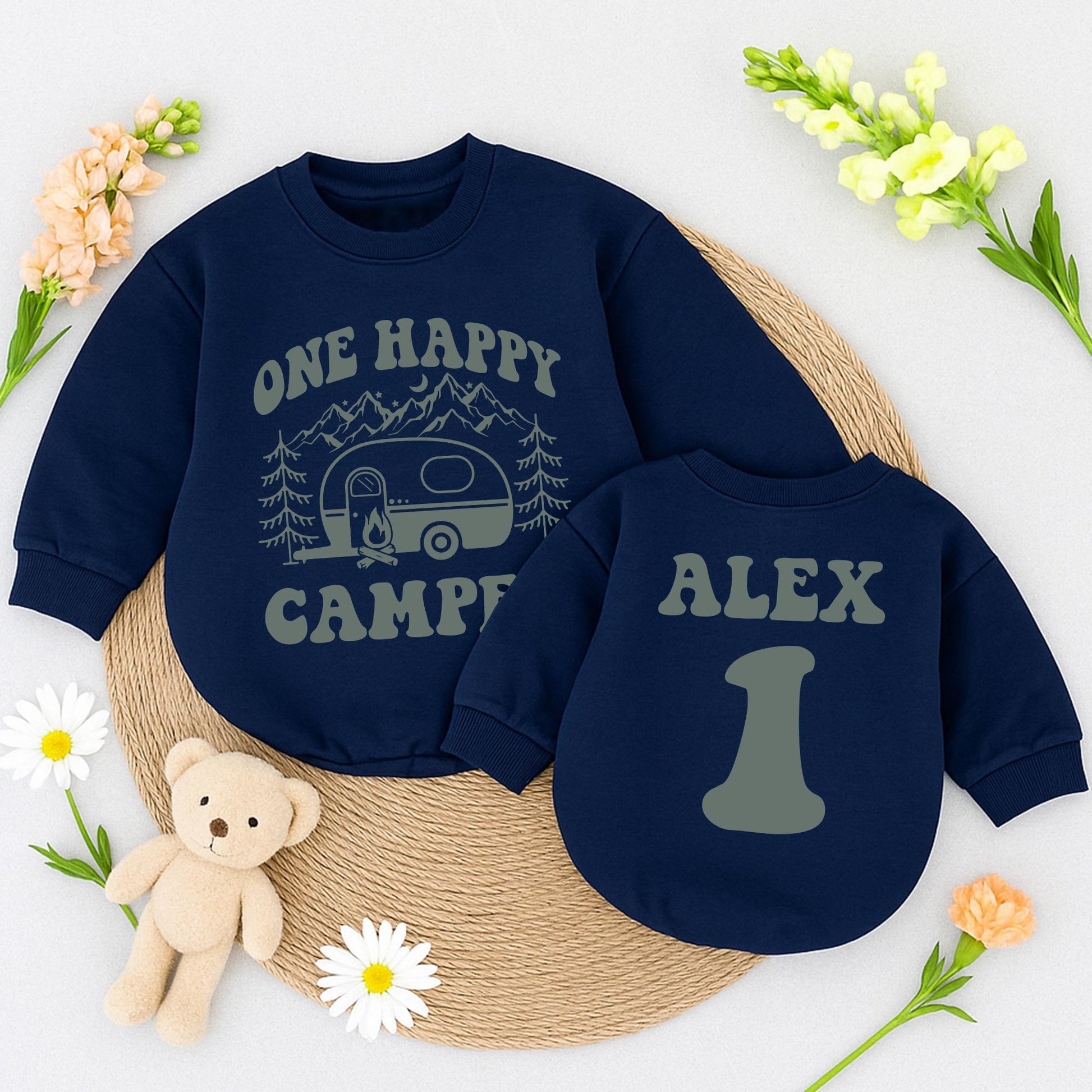 Personalized One Happy Camper Baby Bubble Romper for 1st Birthday Camping Outfit Boy Girl Alex 1