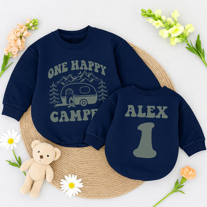 Personalized One Happy Camper Baby Bubble Romper for 1st Birthday Camping Outfit Boy Girl Alex 1