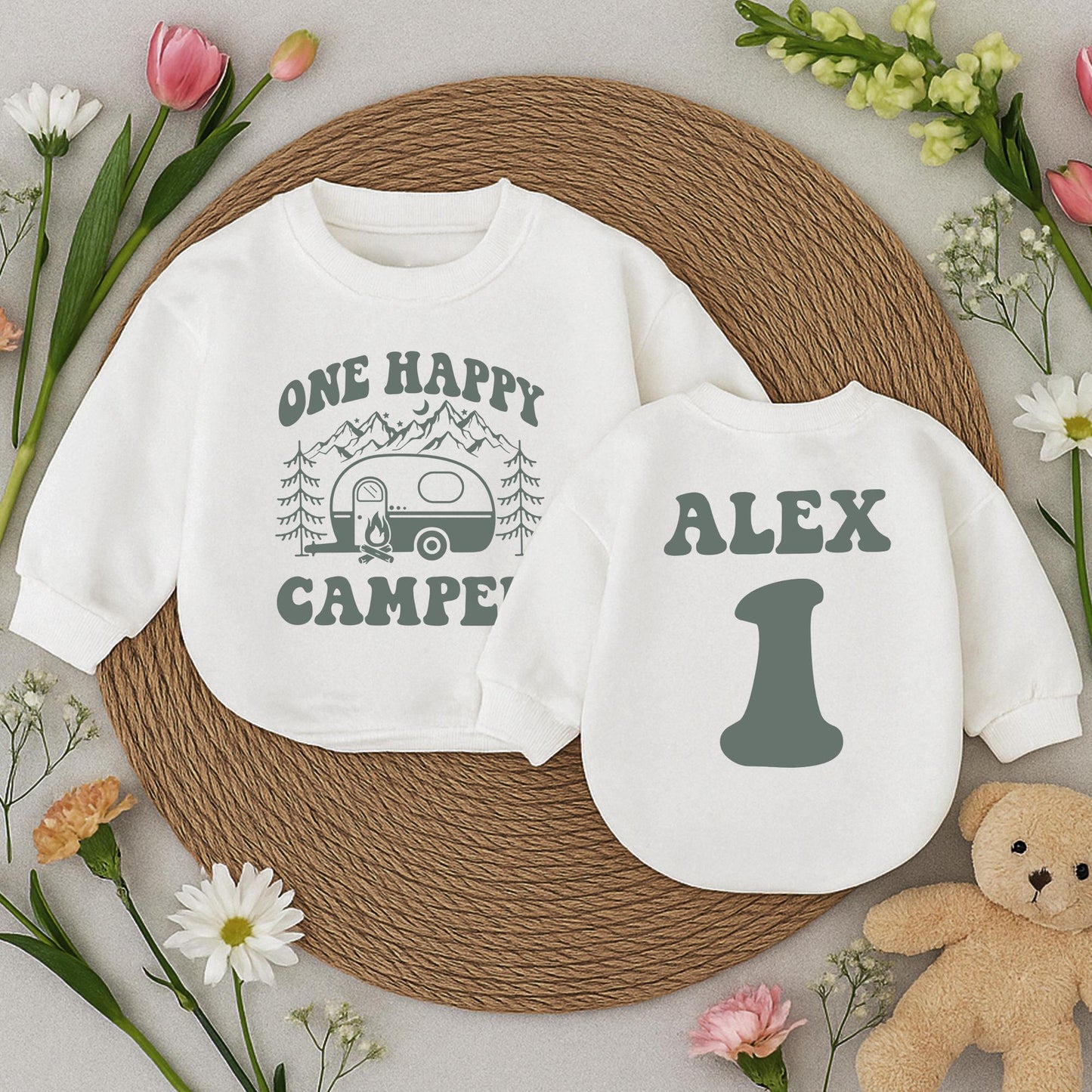 Personalized One Happy Camper Baby Bubble Romper for 1st Birthday Camping Outfit Boy Girl Alex 1