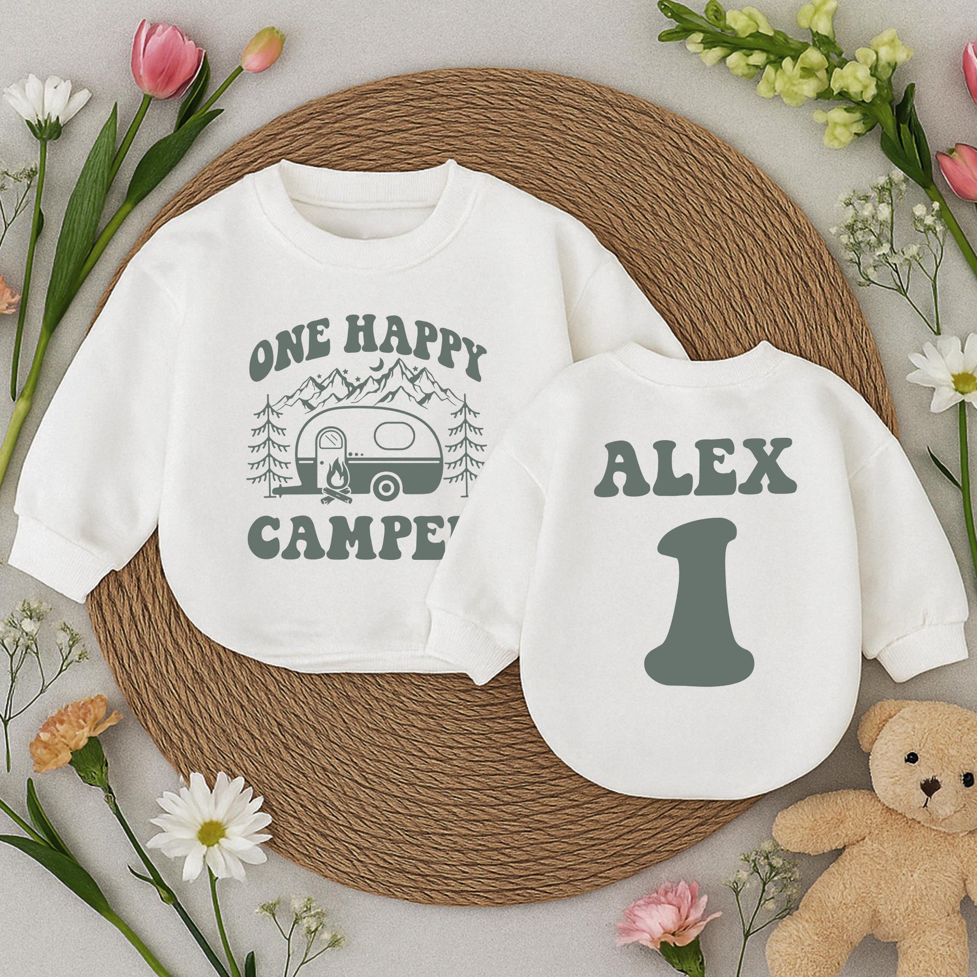 Personalized One Happy Camper Baby Bubble Romper for 1st Birthday Camping Outfit Boy Girl Alex 1