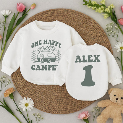 Personalized One Happy Camper Baby Bubble Romper for 1st Birthday Camping Outfit Boy Girl Alex 1