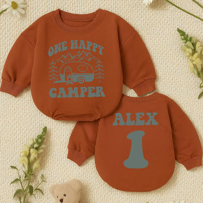 Personalized One Happy Camper Baby Bubble Romper for 1st Birthday Camping Outfit Boy Girl Alex 1