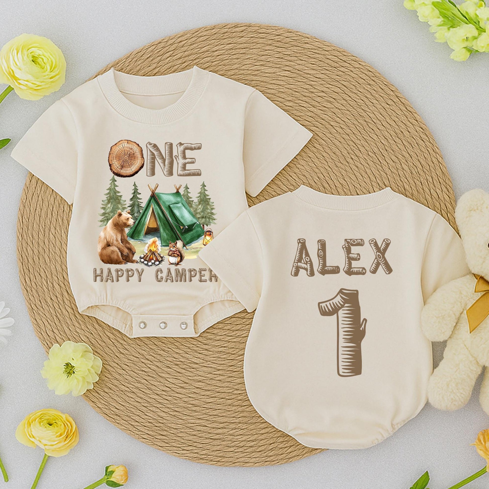 Personalized One Happy Camper Baby Romper Retro First Birthday Camping Adventure Outfit Toddler Boys Girls Baby Shower Gift Earthy Vintage Design