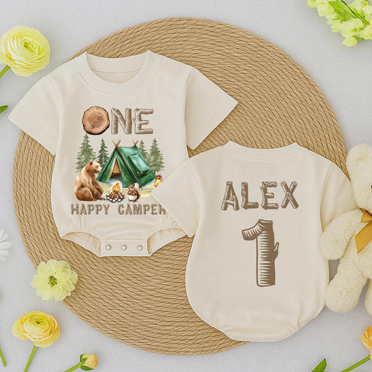 Personalized One Happy Camper Baby Romper Retro First Birthday Camping Adventure Outfit Toddler Boys Girls Baby Shower Gift Earthy Vintage Design
