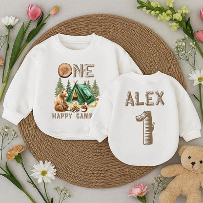 Personalized One Happy Camper Baby Romper Retro First Birthday Camping Adventure Outfit Toddler Boys Girls Baby Shower Gift Earthy Vintage Design