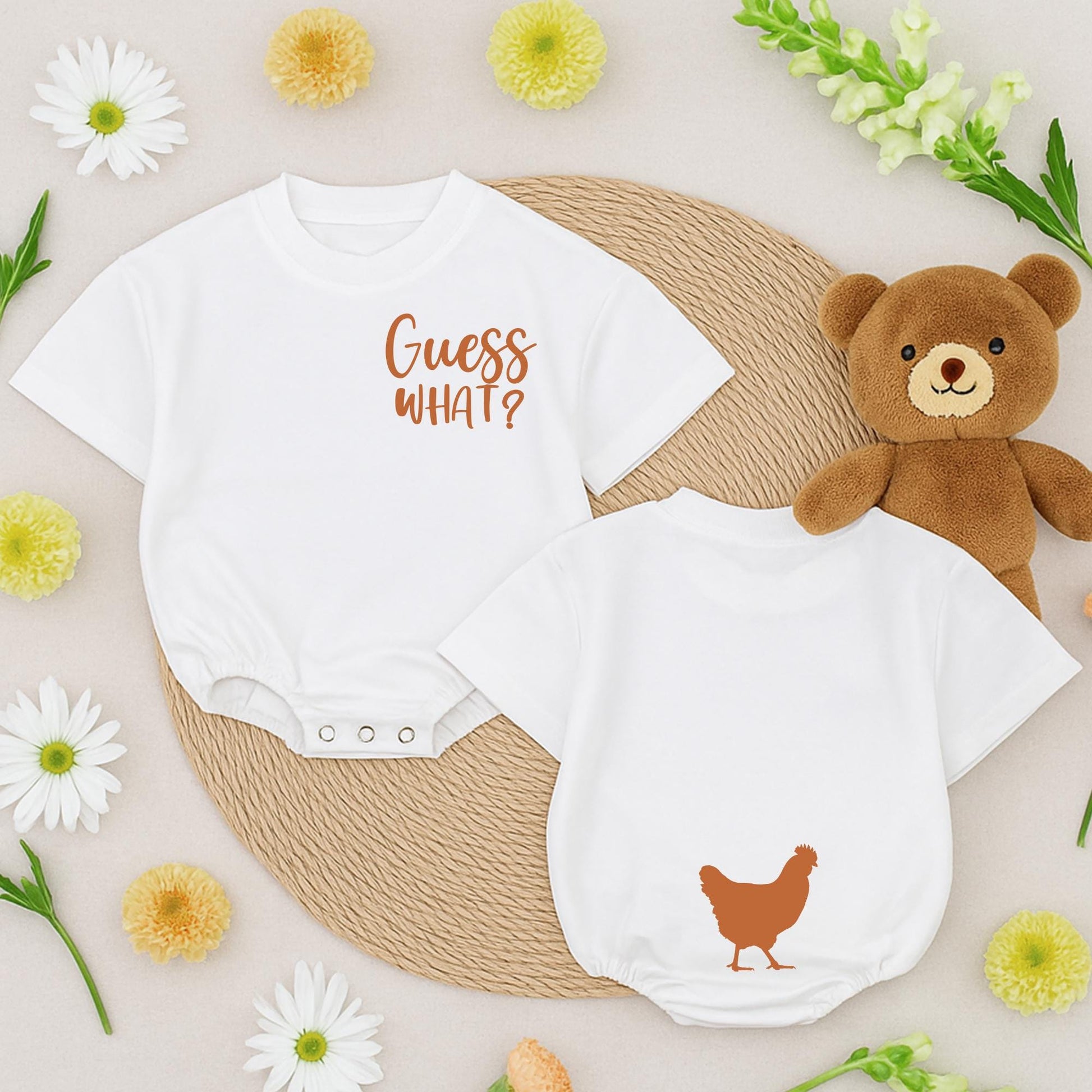 Guess What Chicken Butt Baby Romper Funny Double Sided Bodysuit Gender Neutral Baby Shower Gift Cute Newborn Outfit White Text
