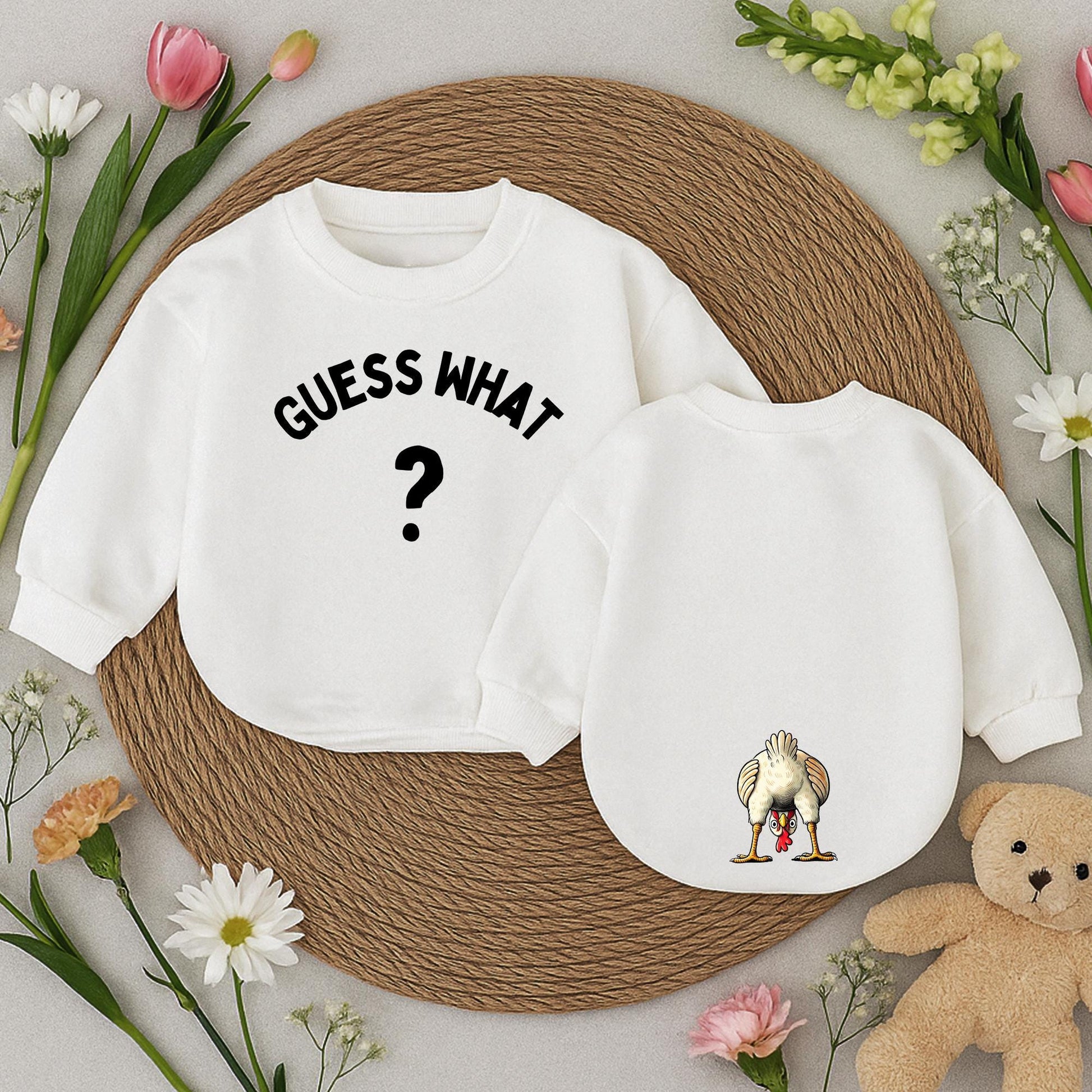 Guess What Chicken Butt Baby Romper Funny Bodysuit, Gender Neutral, Baby Shower Gift, Whimsical Chicken Design, Newborn Outfit
