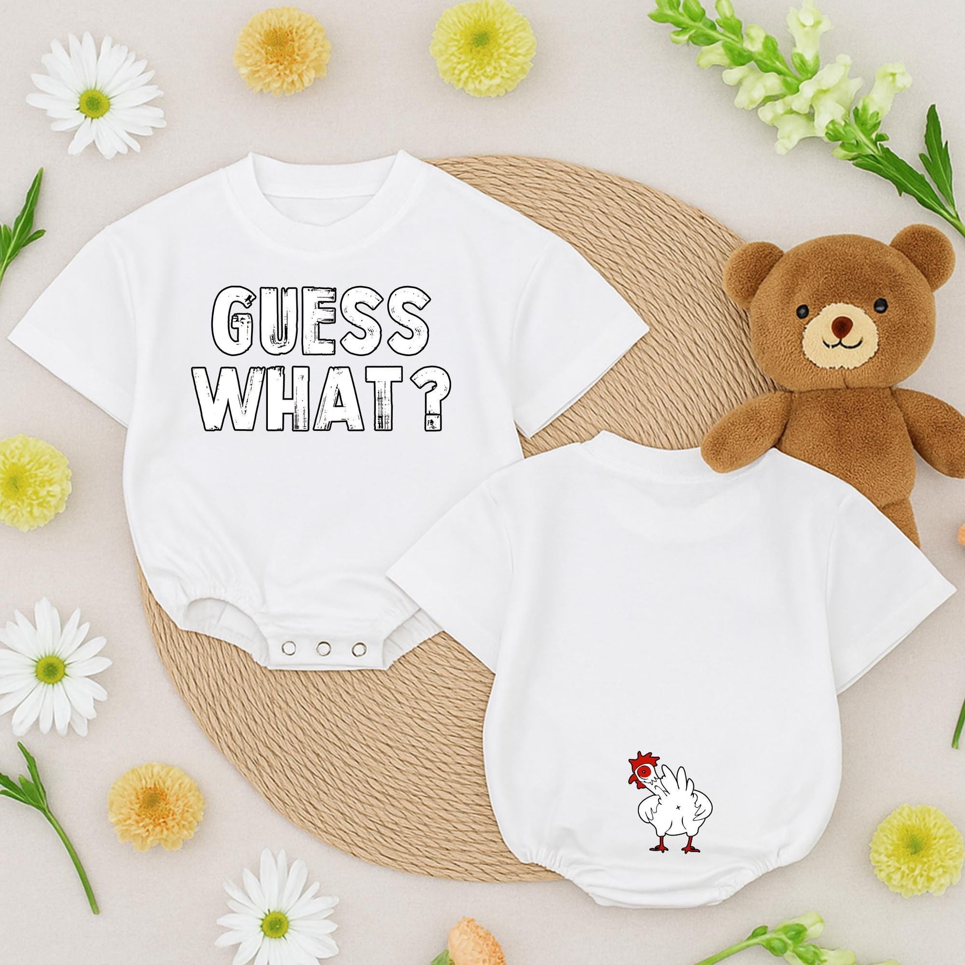 Guess What Chicken Butt Funny Baby Romper Gender Neutral Newborn Outfit Cute Baby Shower Gift Double Sided