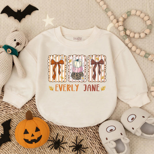Custom Floral Fall Baby Girl Bubble Romper, Pumpkin & Thanksgiving Outfit, Autumn Clothes Gift for Baby's First Thanksgiving