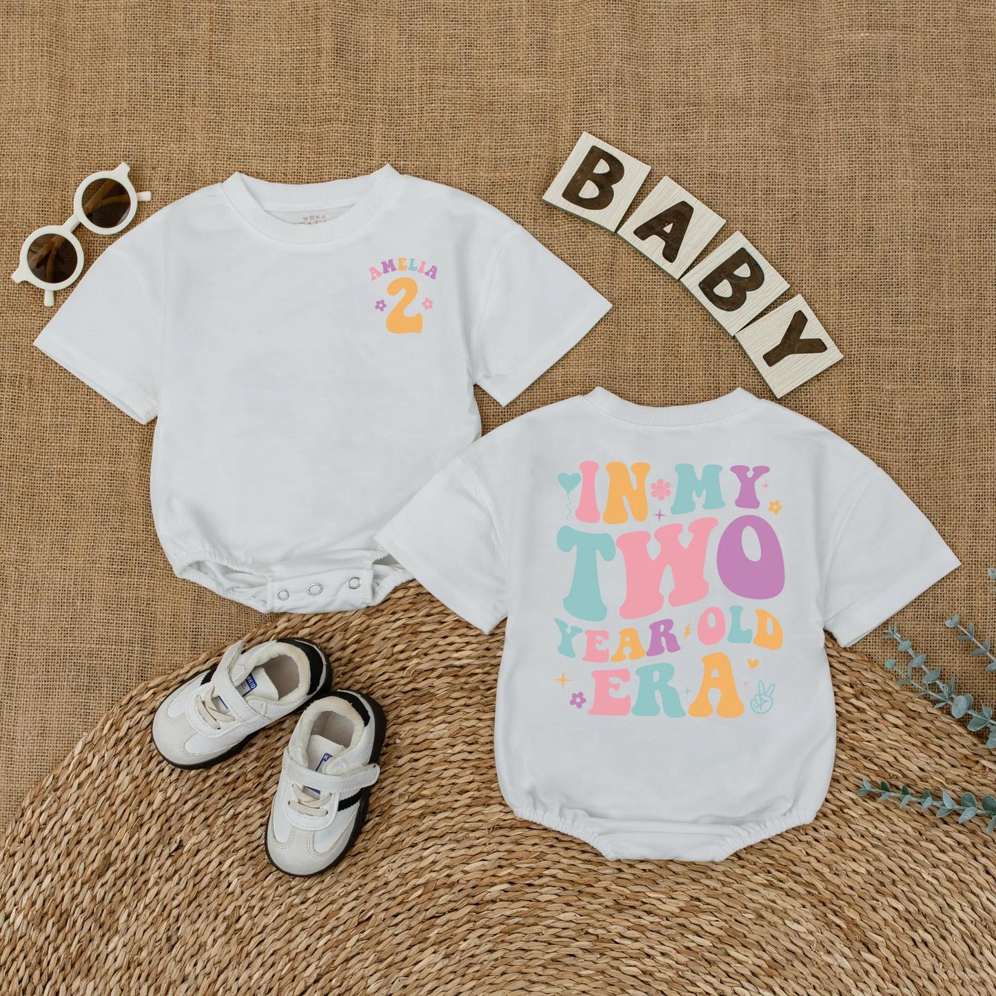 Personalized In My Two Year Old Era Baby Shirt Custom Toddler Girl Birthday Outfit Whimsical Retro Floral Star Party Gift