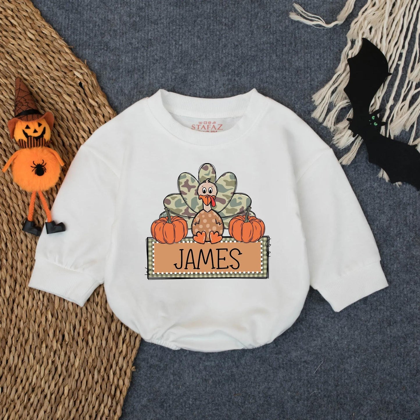Custom Camo Turkey Boy First Thanksgiving Bubble Romper Infant Bodysuit Cozy Baby Fall Outfit Toddler Autumn Celebration Wear