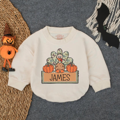 Custom Camo Turkey Boy First Thanksgiving Bubble Romper Infant Bodysuit Cozy Baby Fall Outfit Toddler Autumn Celebration Wear