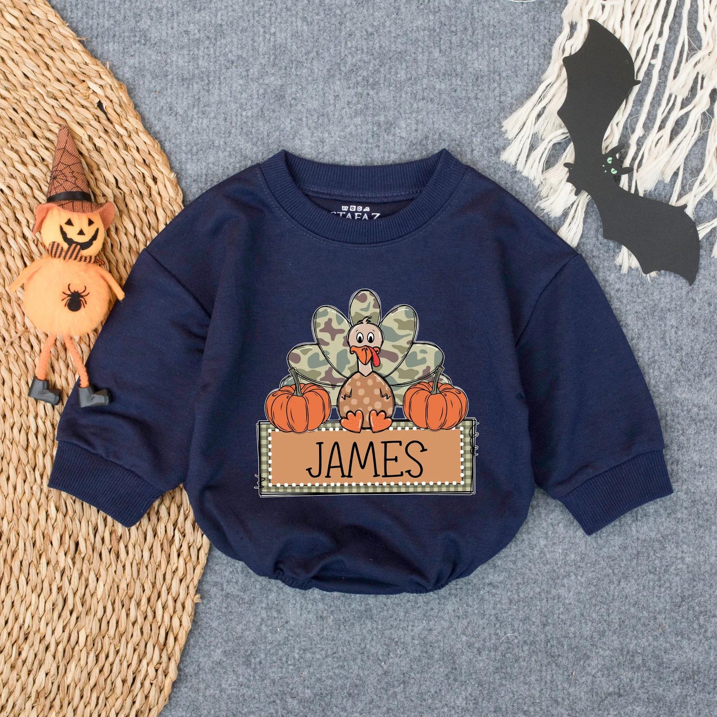 Custom Camo Turkey Boy First Thanksgiving Bubble Romper Infant Bodysuit Cozy Baby Fall Outfit Toddler Autumn Celebration Wear