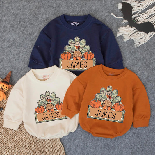 Custom Camo Turkey Boy First Thanksgiving Bubble Romper Infant Bodysuit Cozy Baby Fall Outfit Toddler Autumn Celebration Wear