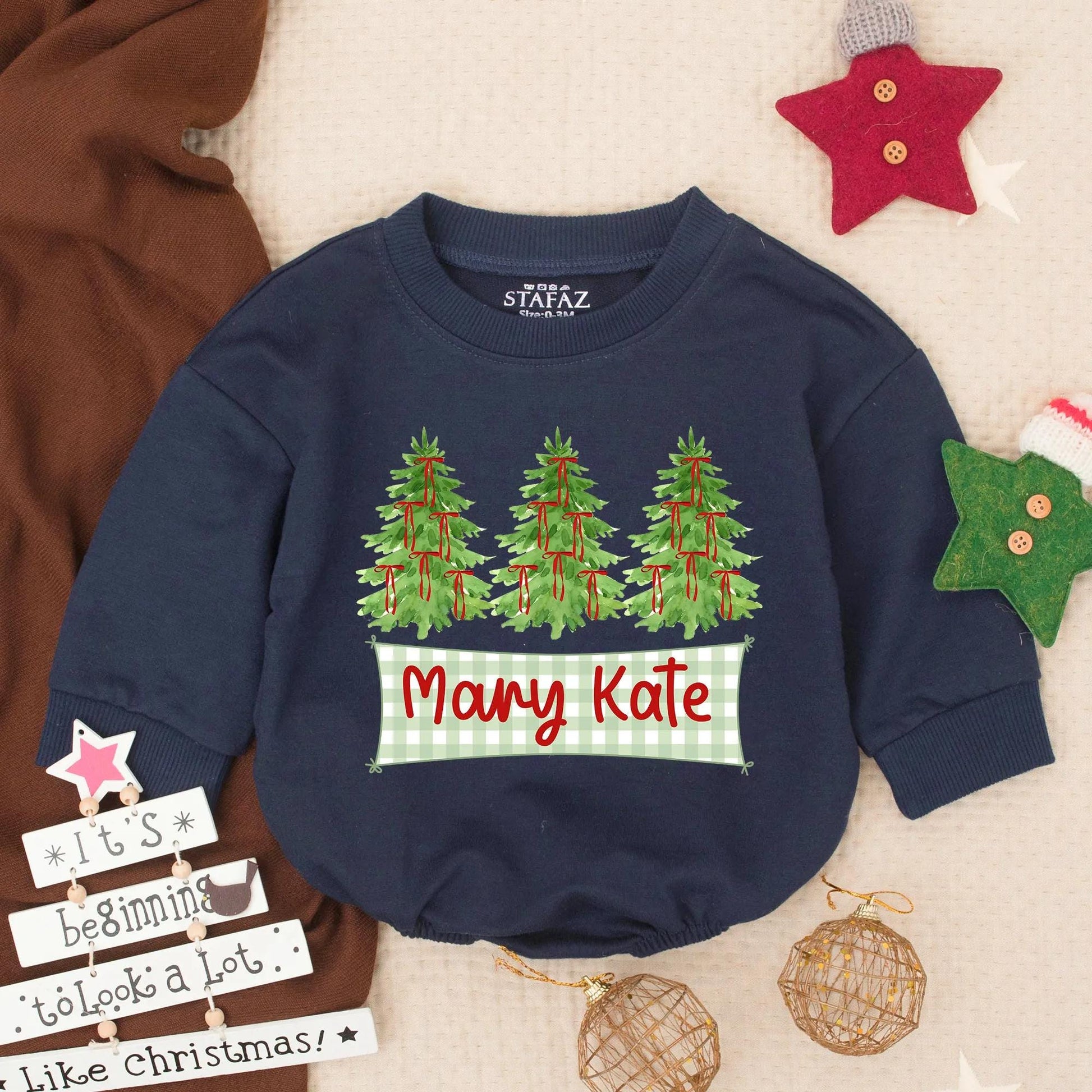 Personalized Mary Kate Christmas Tree Romper, Custom Holiday Baby Outfit, Festive Infant Xmas Bodysuit, Girl Winter Clothes Gift, Gingham Banner 135