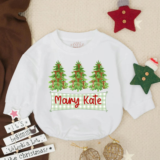 Personalized Mary Kate Christmas Tree Romper, Custom Holiday Baby Outfit, Festive Infant Xmas Bodysuit, Girl Winter Clothes Gift, Gingham Banner 135