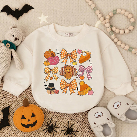First Thanksgiving Baby Romper, Playful Turkey & Pumpkin Design, Cozy Infant Fall Outfit for Girl or Boy Toddler Autumn Holiday Clothes