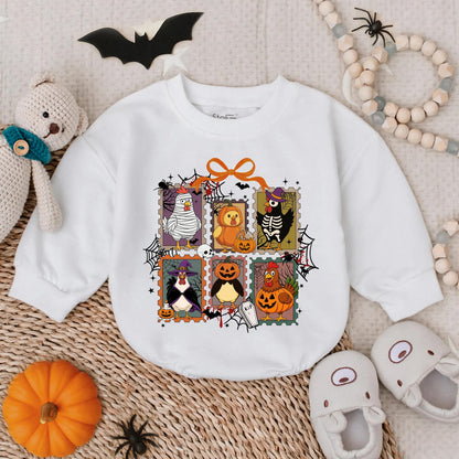 Spooky Chick or Treat Romper: Retro Halloween Chicken Baby Outfit, Funny Infant Costume Sweatshirt, Toddler Fall Clothes, Vintage Style, 135 chars
