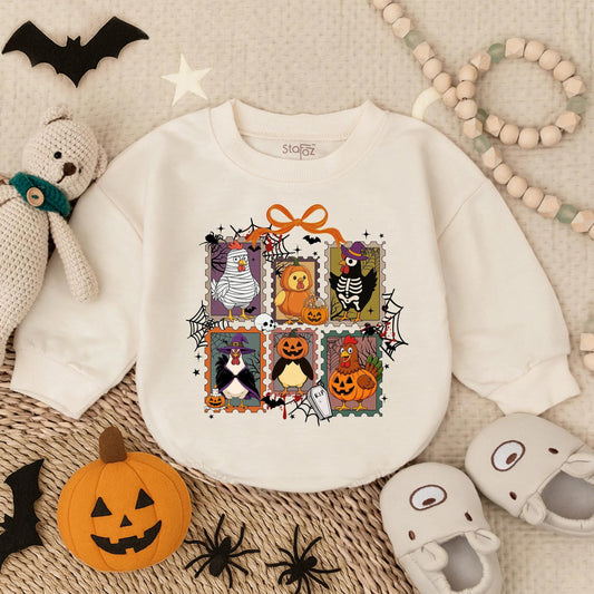 Spooky Chick or Treat Romper: Retro Halloween Chicken Baby Outfit, Funny Infant Costume Sweatshirt, Toddler Fall Clothes, Vintage Style, 135 chars