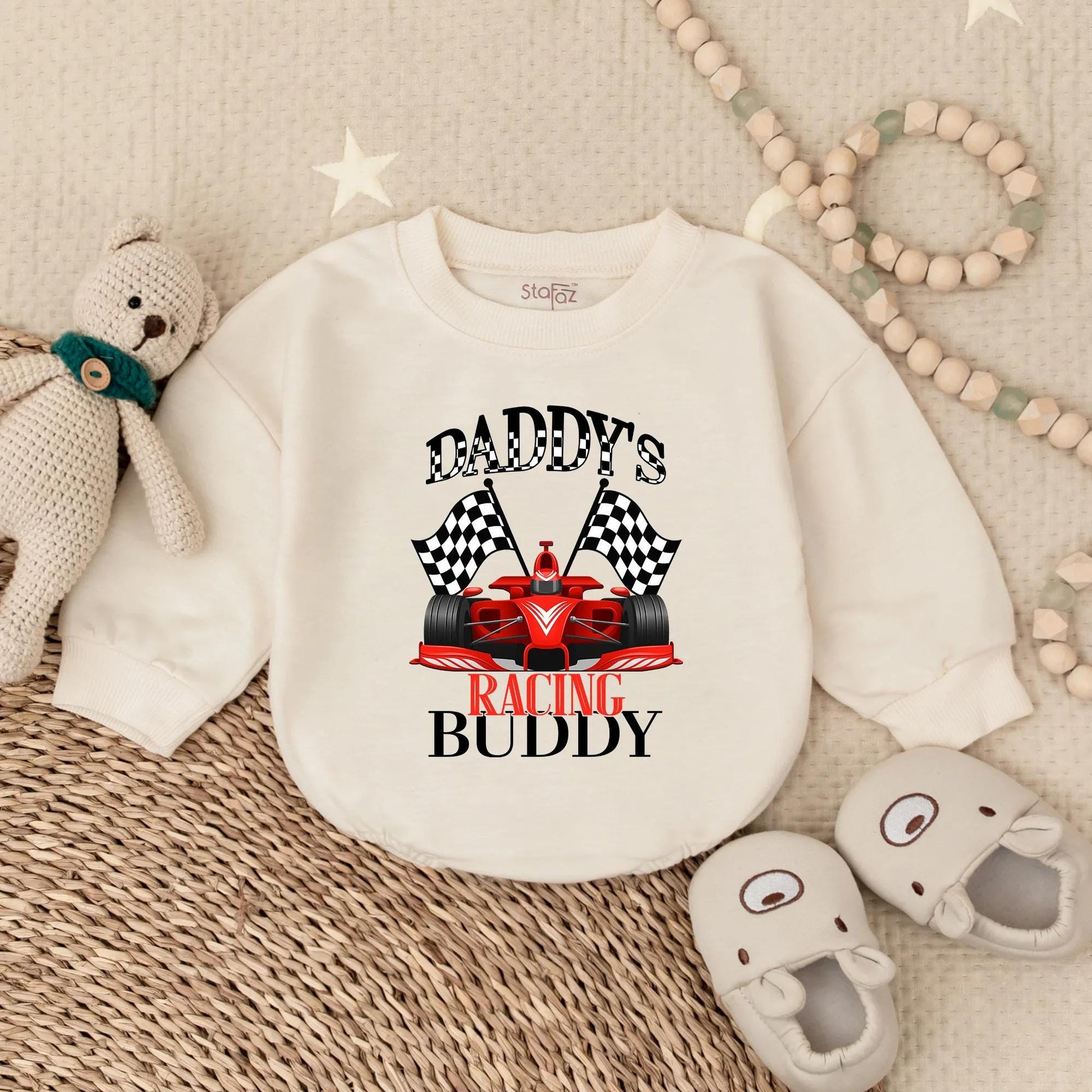 Daddy's Racing Buddy Baby Romper Checkered Flags Outfit, Cute Race Car Sweatshirt Infant Toddler Motorsports Clothes, Dad Son Matching Gift 134 chars