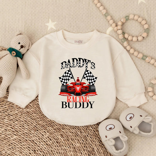 Daddy's Racing Buddy Baby Romper Checkered Flags Outfit, Cute Race Car Sweatshirt Infant Toddler Motorsports Clothes, Dad Son Matching Gift 134 chars