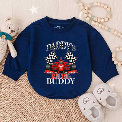 Daddy's Racing Buddy Baby Romper Checkered Flags Outfit, Cute Race Car Sweatshirt Infant Toddler Motorsports Clothes, Dad Son Matching Gift 134 chars