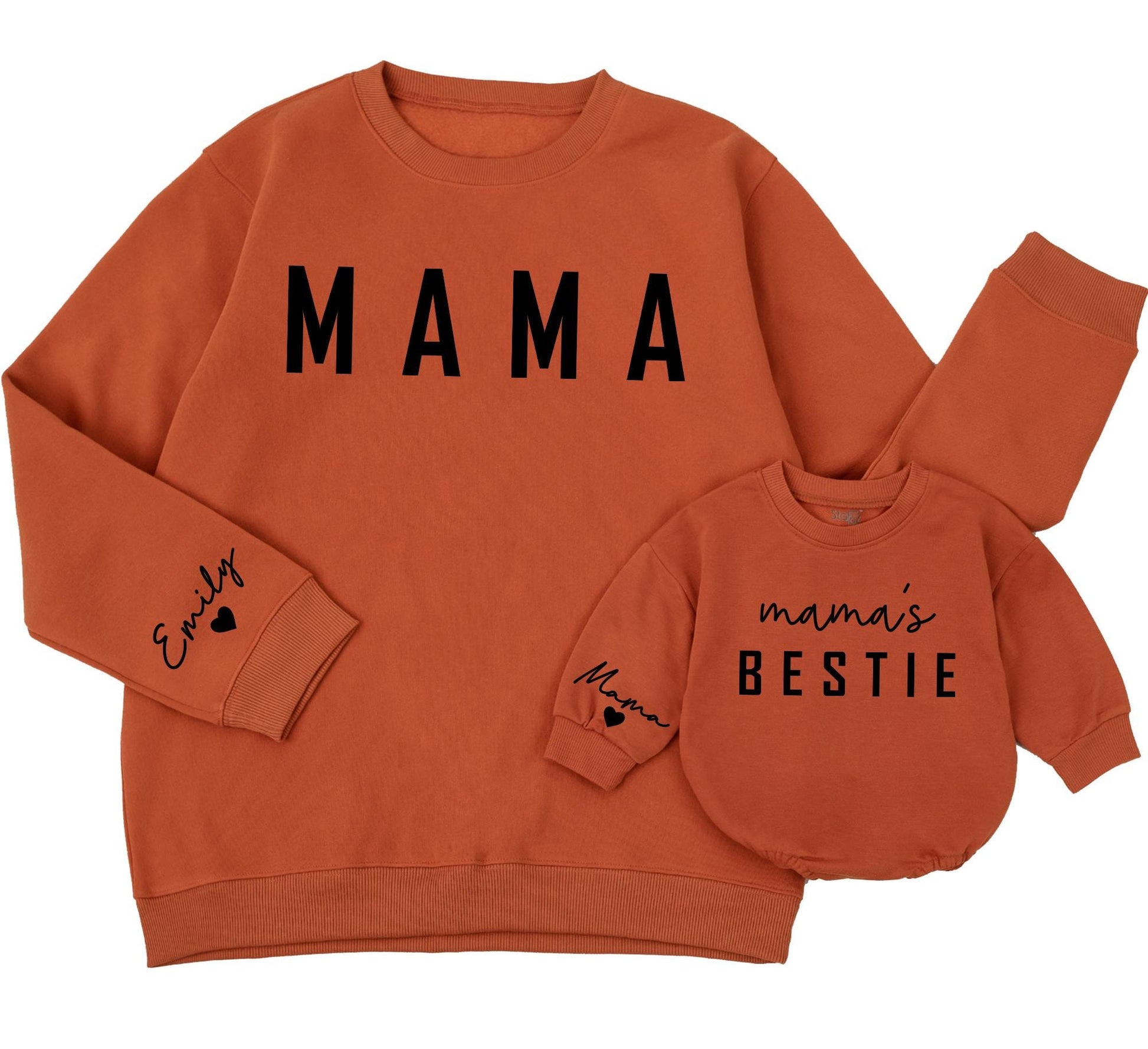 Mama & Mama's Bestie Matching Sweatshirts Cozy Minimalist Dark Lettering Mom Daughter Outfit Family Gift 