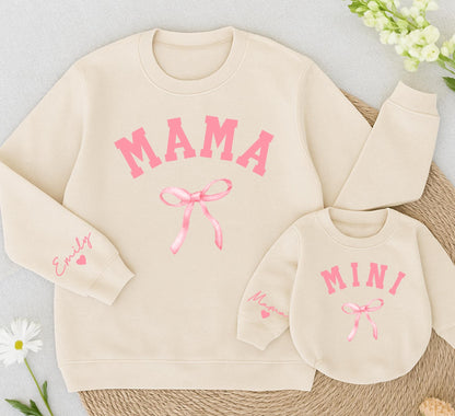 Matching Mama Mini Pink Bow Sweatshirts, Mom and Daughter Gift, Baby Girl Outfit, Emily Heart Sleeve, Family Cozy Sweater, Christmas Winter