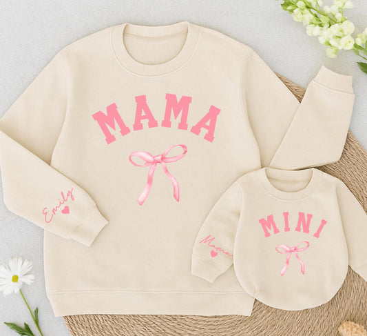 Matching Mama Mini Pink Bow Sweatshirts, Mom and Daughter Gift, Baby Girl Outfit, Emily Heart Sleeve, Family Cozy Sweater, Christmas Winter