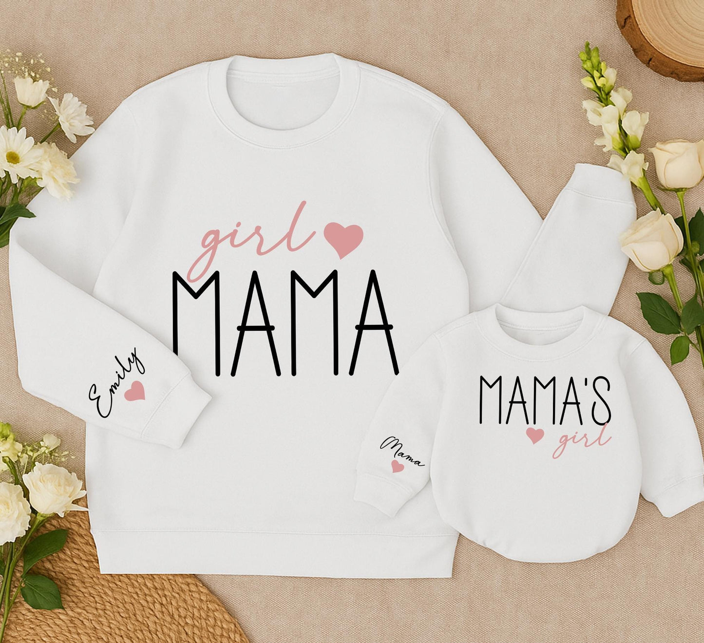 Custom Mama and Girl Matching Sweatshirt Romper Set for Mom and Baby Daughter Pink Heart Detail Cozy Christmas Gift for Her