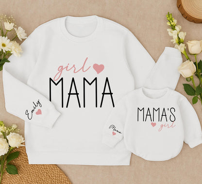 Custom Mama and Girl Matching Sweatshirt Romper Set for Mom and Baby Daughter Pink Heart Detail Cozy Christmas Gift for Her