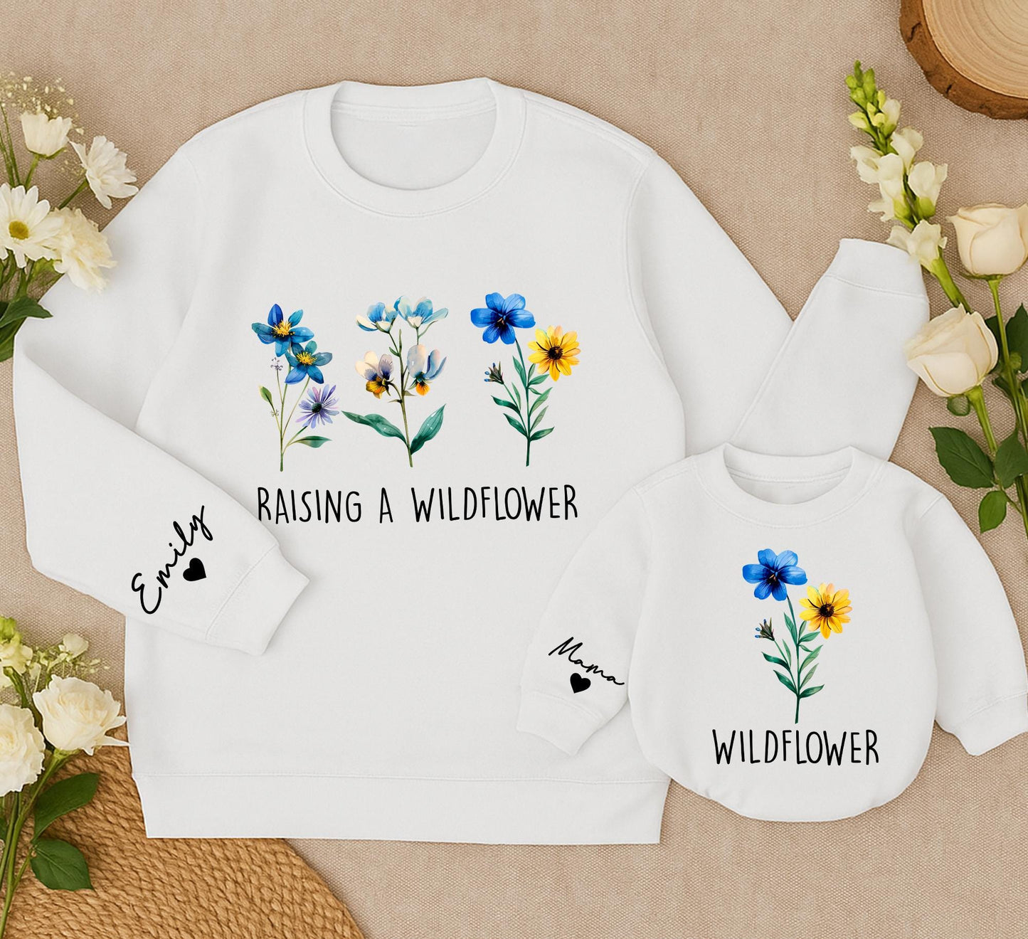 Matching Mama & Mini Wildflower Sweatshirt Outfits, Baby Romper Shower Gift for New Mom - Floral Family Clothes