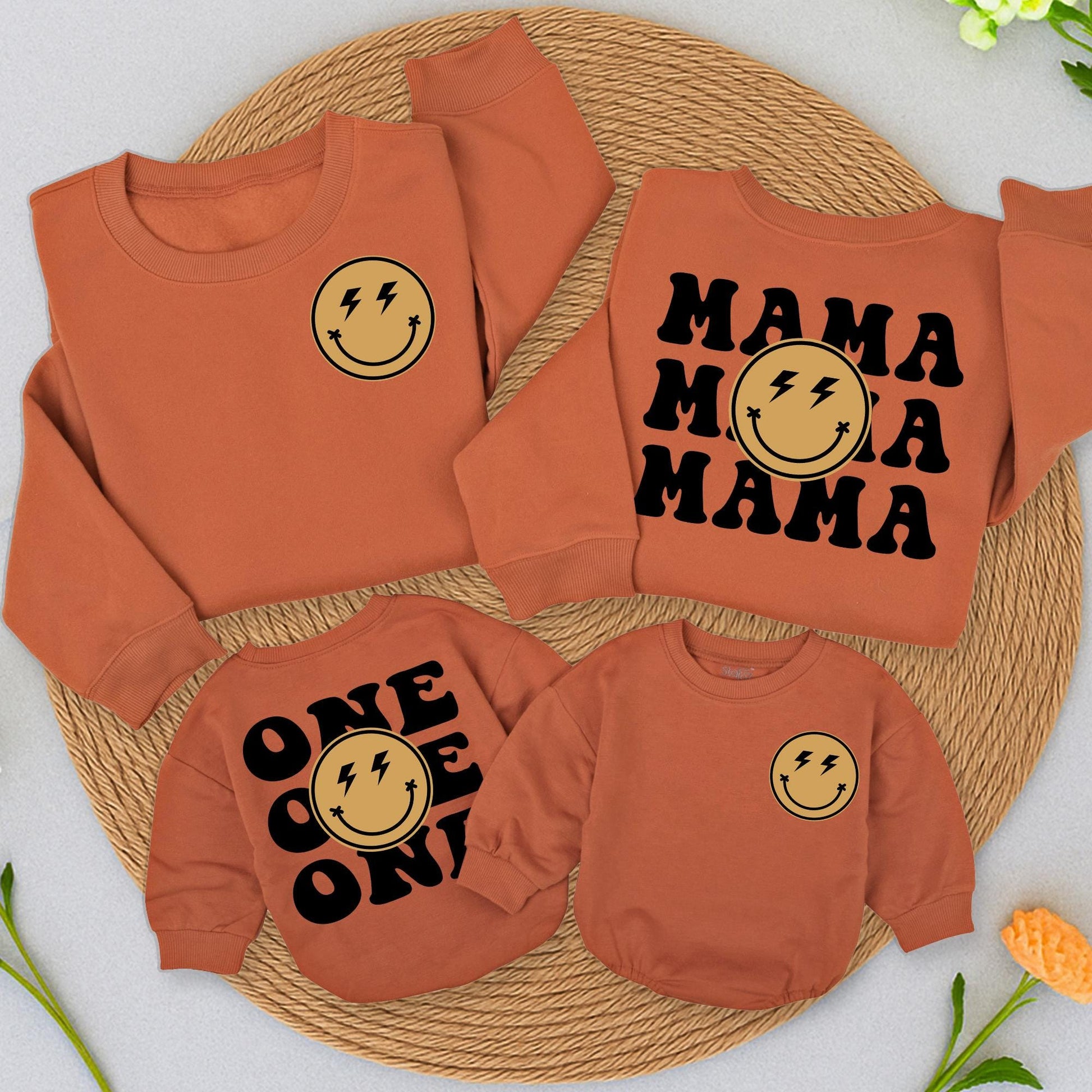 Matching First Birthday Happy Dude Family Outfit Golden Yellow Smiley Face Sweatshirt Bodysuit Romper Baby Mom Dad Gift Playful Modern Style