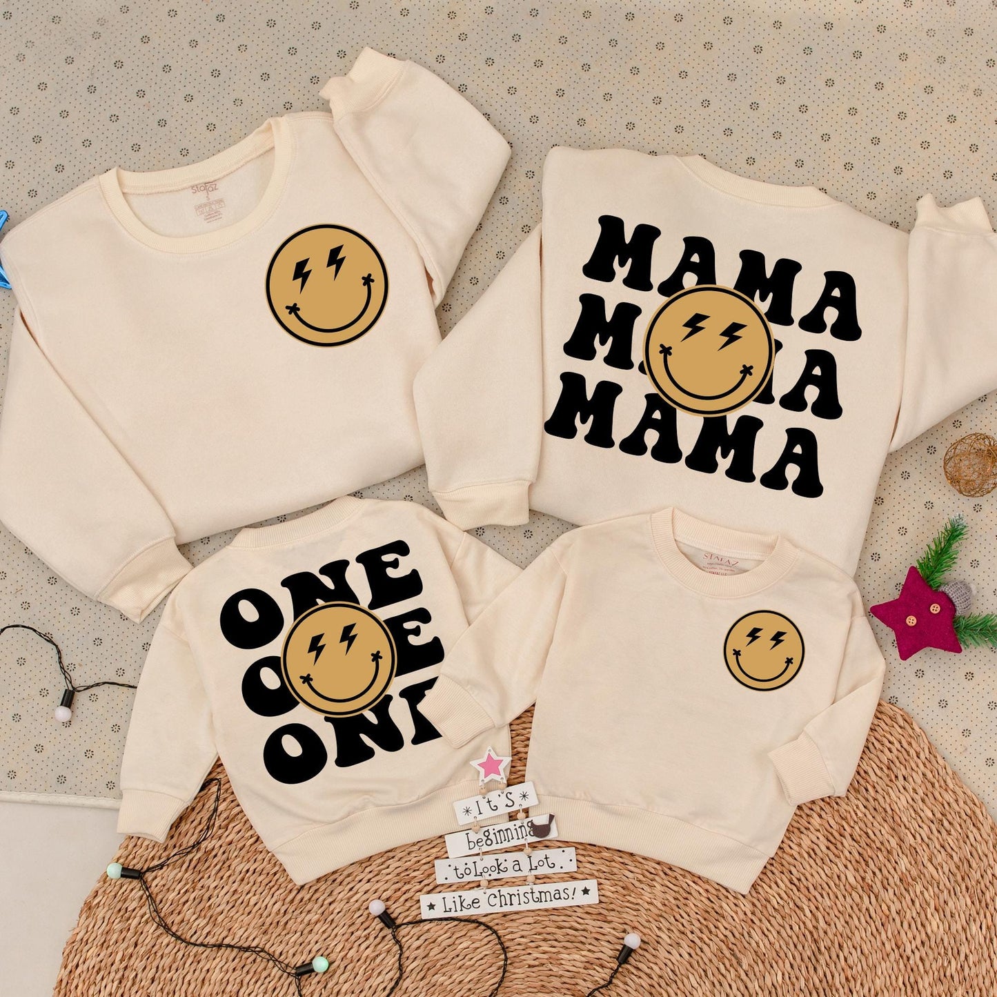 Matching First Birthday Happy Dude Family Outfit Golden Yellow Smiley Face Sweatshirt Bodysuit Romper Baby Mom Dad Gift Playful Modern Style