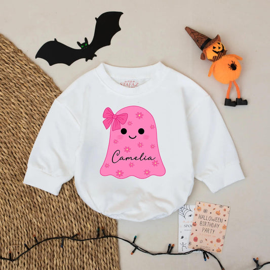 Cute Pink Ghost Baby Romper with Camelia Name Personalization Baby Girl Halloween Outfit Cozy Cotton