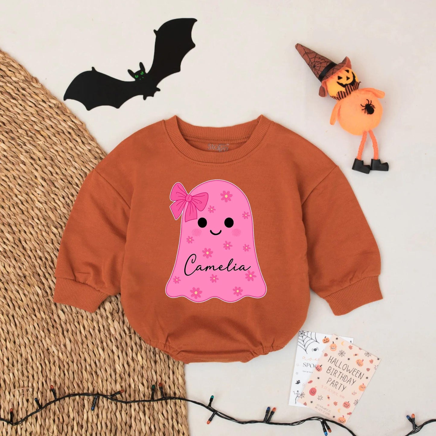 Cute Pink Ghost Baby Romper with Camelia Name Personalization Baby Girl Halloween Outfit Cozy Cotton