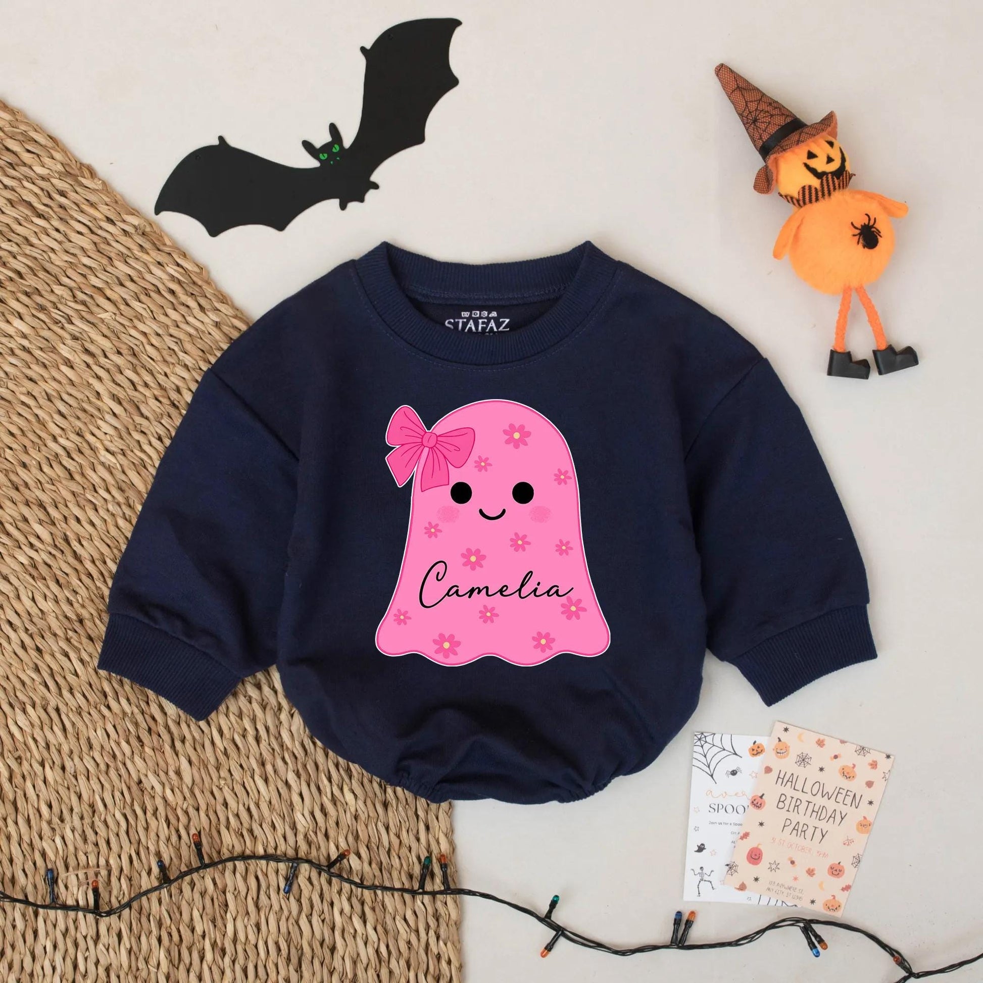 Cute Pink Ghost Baby Romper with Camelia Name Personalization Baby Girl Halloween Outfit Cozy Cotton