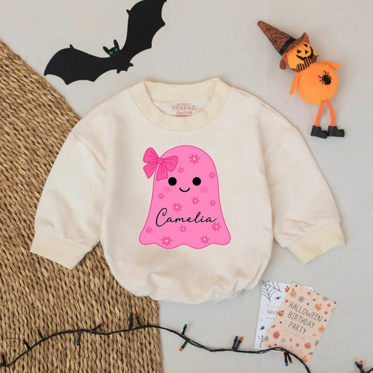 Cute Pink Ghost Baby Romper with Camelia Name Personalization Baby Girl Halloween Outfit Cozy Cotton