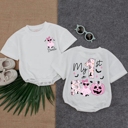 Custom My First Boo Pink Bubble Romper Girl Halloween Outfit Toddler Spooky Apparel Soft Comfortable Cotton Baby Gift Idea Fall Season