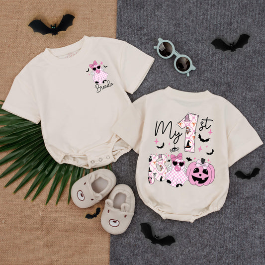 Custom My First Boo Pink Bubble Romper Girl Halloween Outfit Toddler Spooky Apparel Soft Comfortable Cotton Baby Gift Idea Fall Season