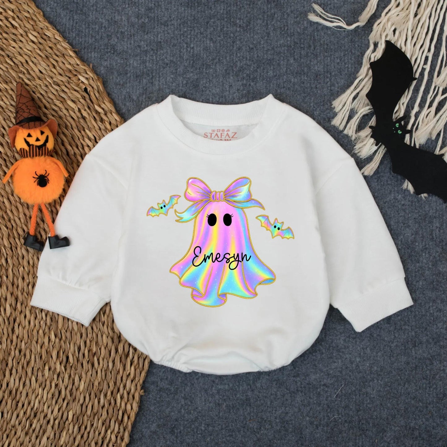 Customized Iridescent Boo Baby Romper First Halloween Outfit Oversized Infant Bodysuit Spooky Season Baby Halloween Gift