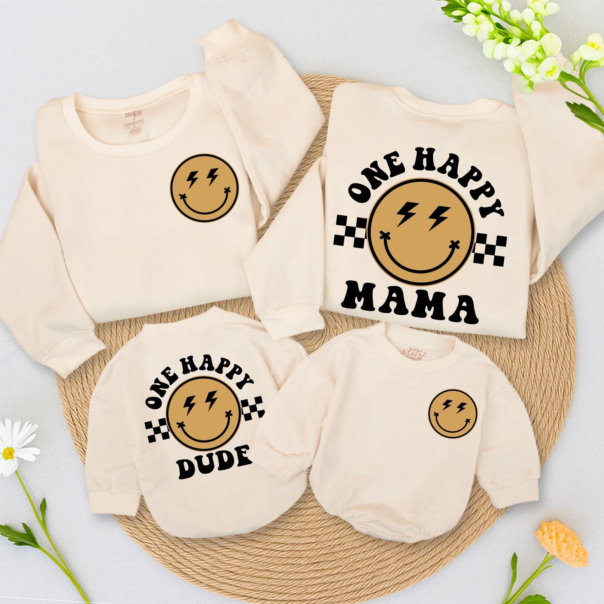 One Happy Dude Birthday Matching Set: Retro Smiley Face Outfit, First Birthday Bodysuit, Fun Checkered Design, Daddy and Me Sweatshirt, Cool Birthday Gift