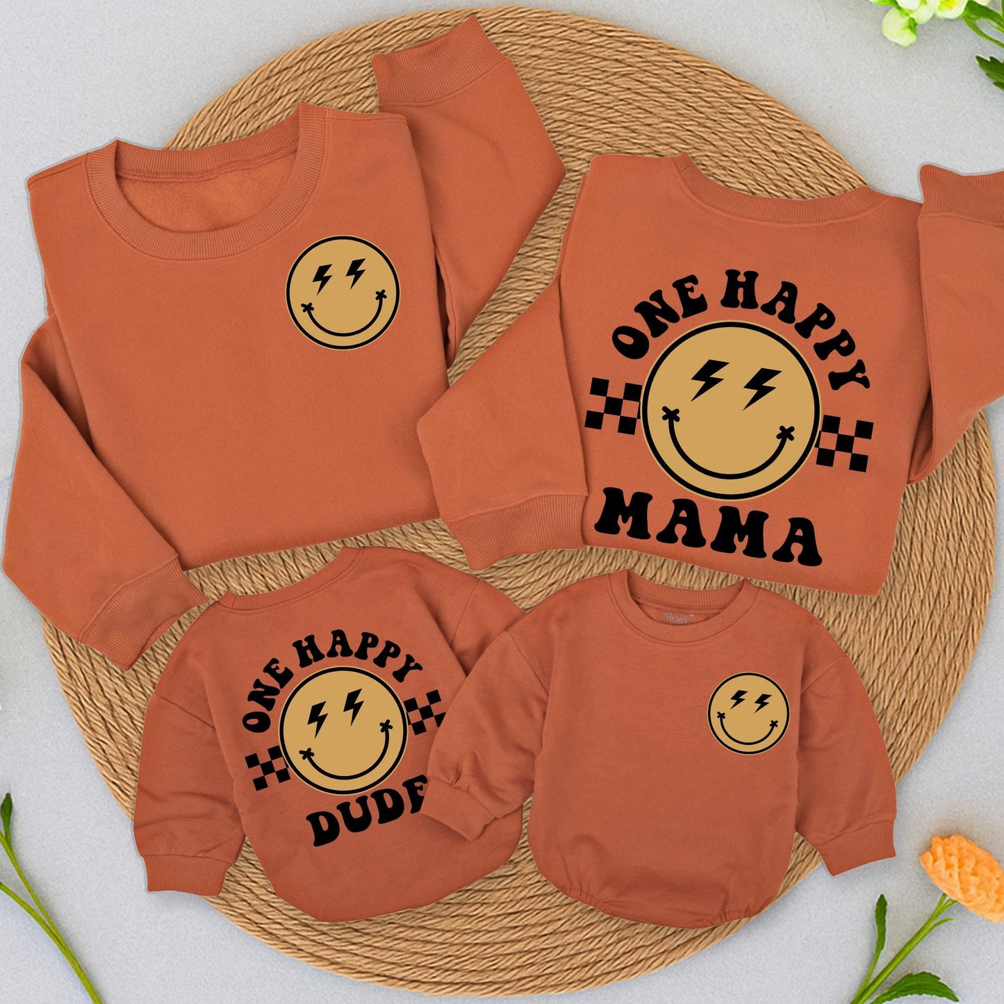 One Happy Dude Birthday Matching Set: Retro Smiley Face Outfit, First Birthday Bodysuit, Fun Checkered Design, Daddy and Me Sweatshirt, Cool Birthday Gift