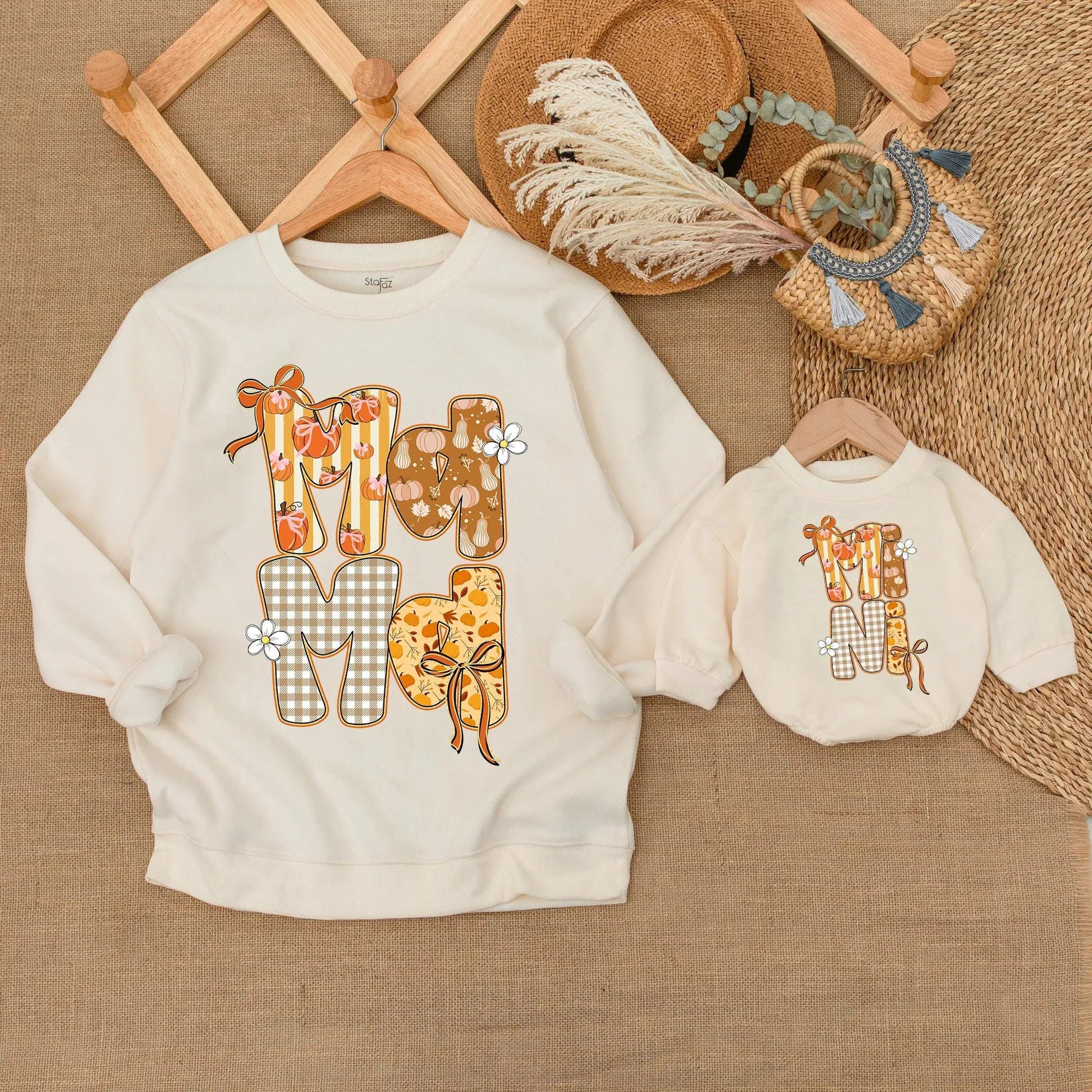 Cozy Mommy and Me Fall Sweatshirts with Sparkly Autumn Pumpkin Design, Soft Thanksgiving Mom Baby Outfits and Mother Daughter Sweaters