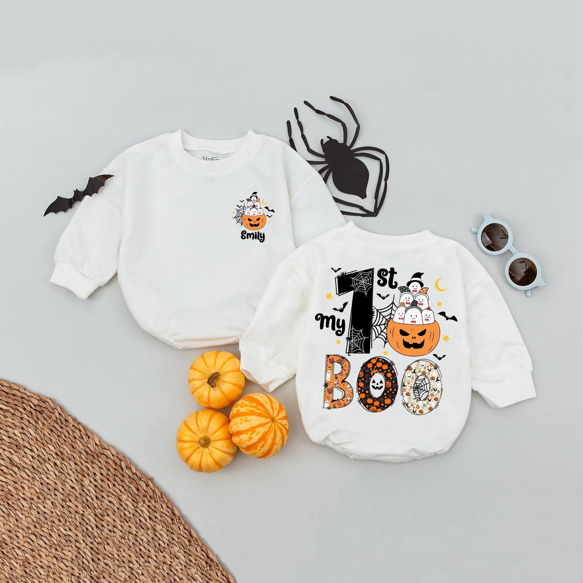 My 1st BOO Halloween Baby Romper Outfit, Personalized Emily Pumpkin Ghost Design, First Halloween Baby Clothes, Fall Newborn Gift