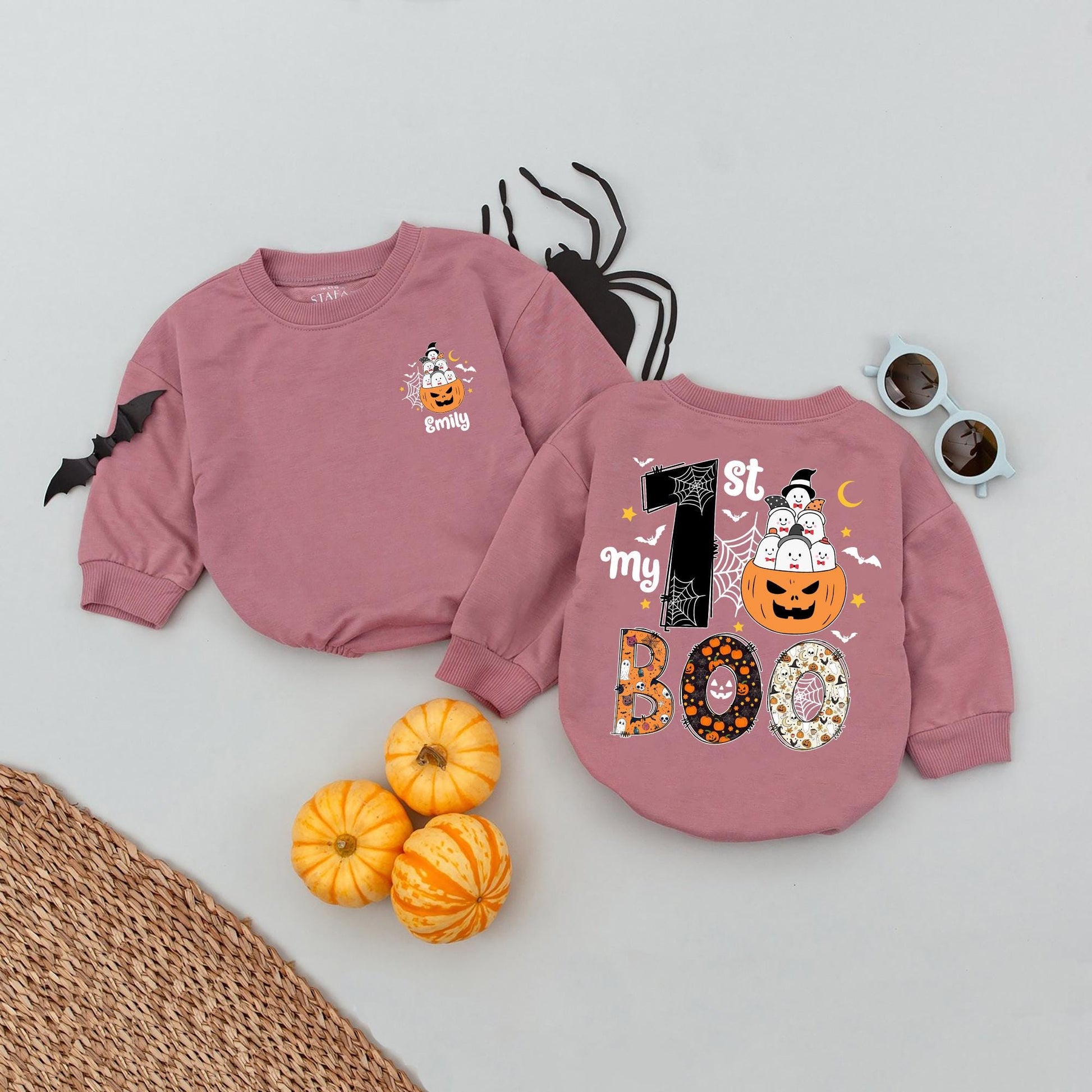 My 1st BOO Halloween Baby Romper Outfit, Personalized Emily Pumpkin Ghost Design, First Halloween Baby Clothes, Fall Newborn Gift