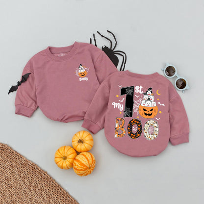 My 1st BOO Halloween Baby Romper Outfit, Personalized Emily Pumpkin Ghost Design, First Halloween Baby Clothes, Fall Newborn Gift