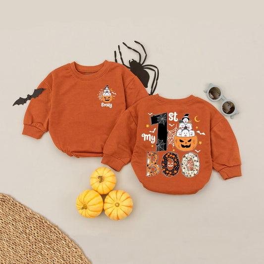 My 1st BOO Halloween Baby Romper Outfit, Personalized Emily Pumpkin Ghost Design, First Halloween Baby Clothes, Fall Newborn Gift